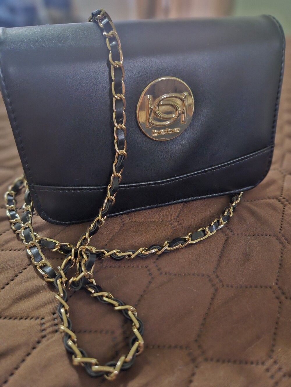 bebe Melendy Flap Crossbody Bag With Black & Gold Woven Chain Crossbody Strap
